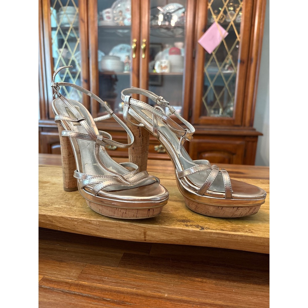 Jessica Simpson Strappy Platform Sandals Womens 8M Silver Good Cork Block Heel